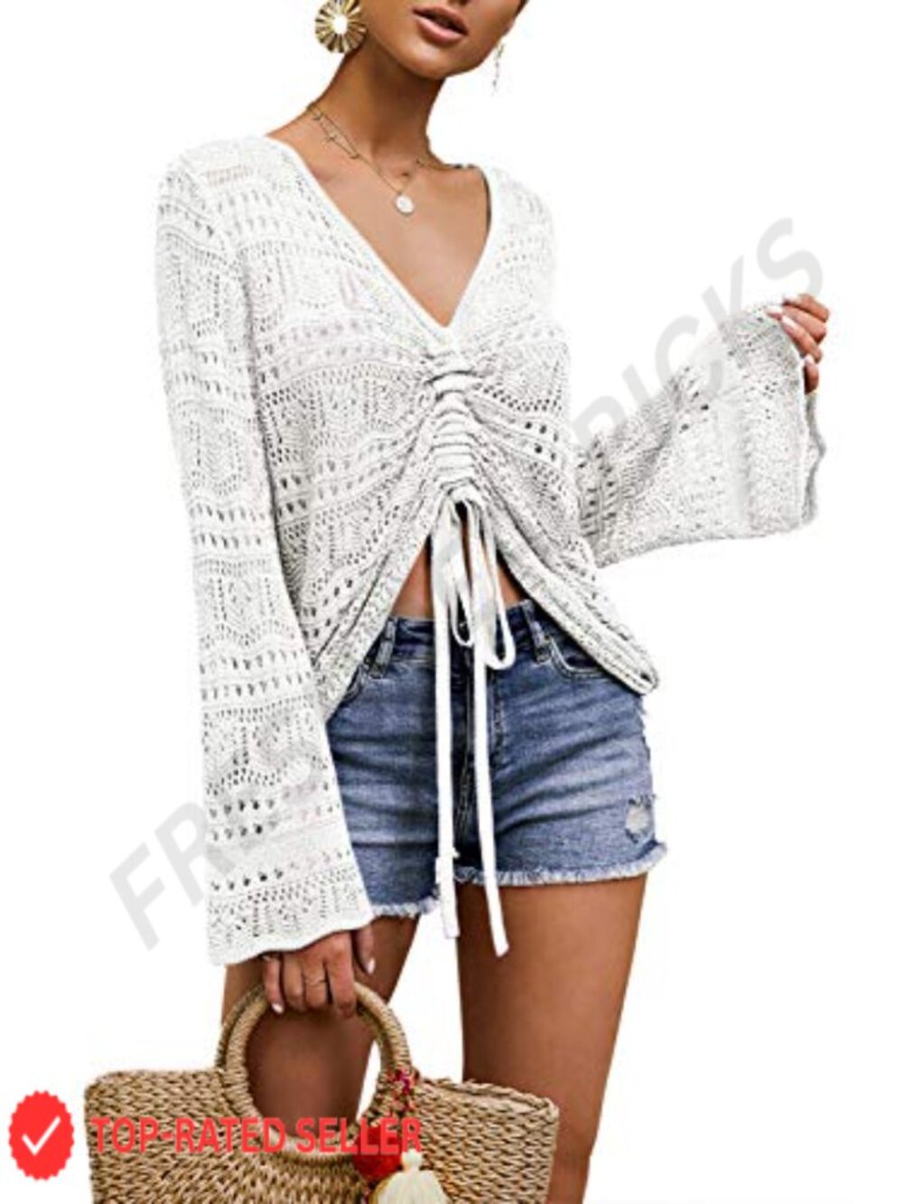 Womens Boho Off Shoulder Crochet Crop Top Bell Sleeve Sheer Sweater